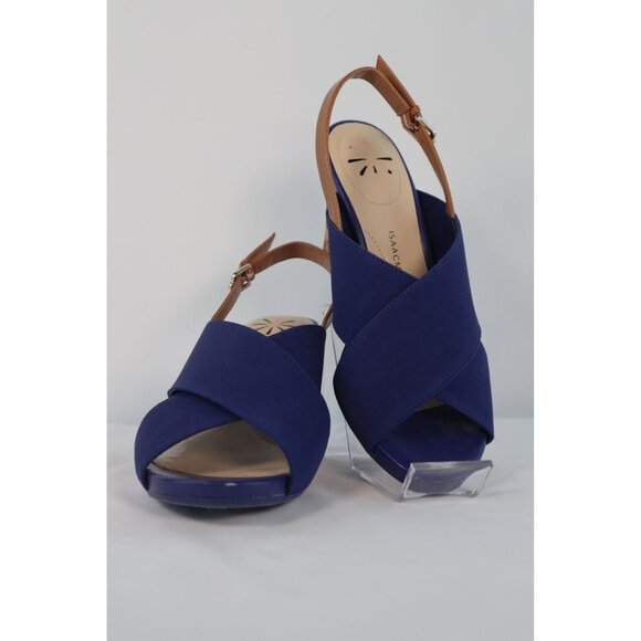Isaac Mizrahi Navy Blue Cork Wedge Sandals with Adjustable Tan Strap - Size 7W - Picture 1 of 9